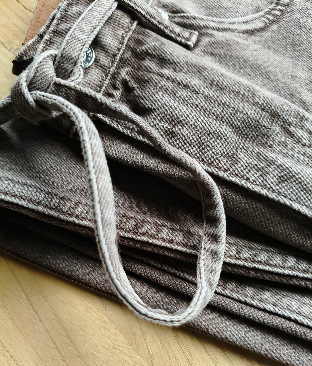Wide Leg Denim Broek met Striksluiting – Taupe Grijs