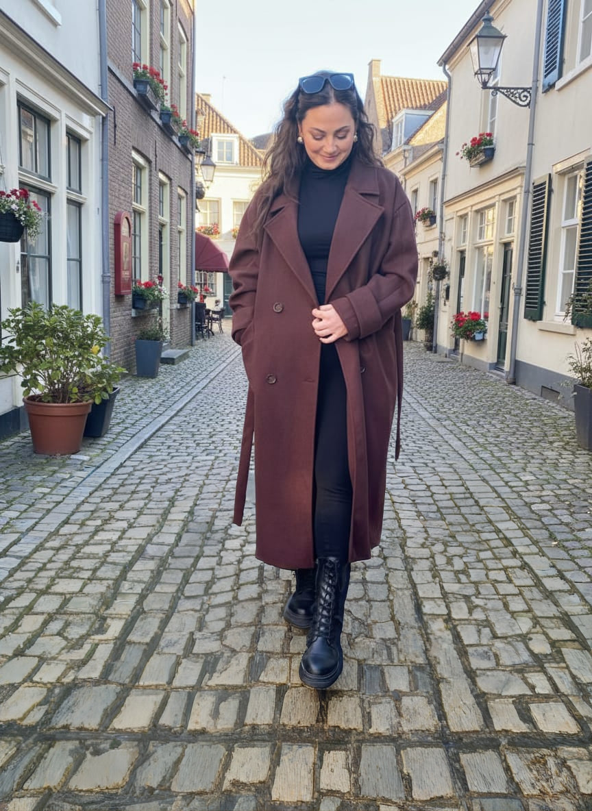 Oversized Wollen Jas Bruin – Lange Damesmantel