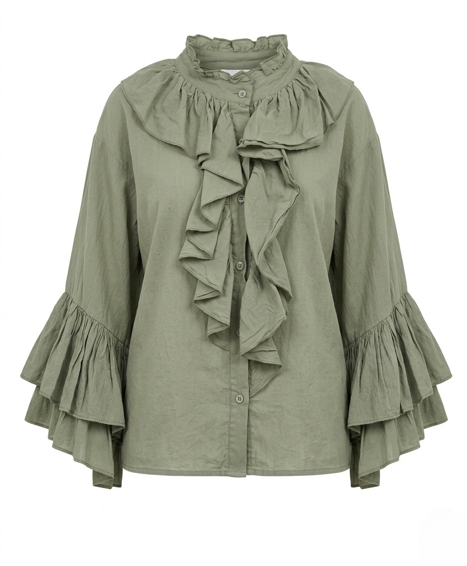 Ruffle Blouse Dames – Elegante Top met Volants en Wijde Mouwen