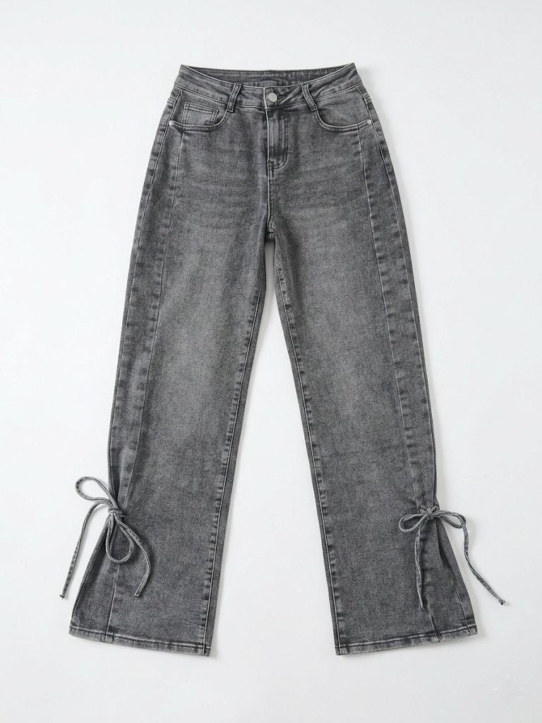Grijze flare jeans met strikdetail – Trendy damesbroek