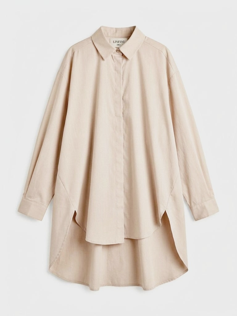 Oversized Beige Overhemd Dames – Lange Losvallende Blouse Trendy Fit