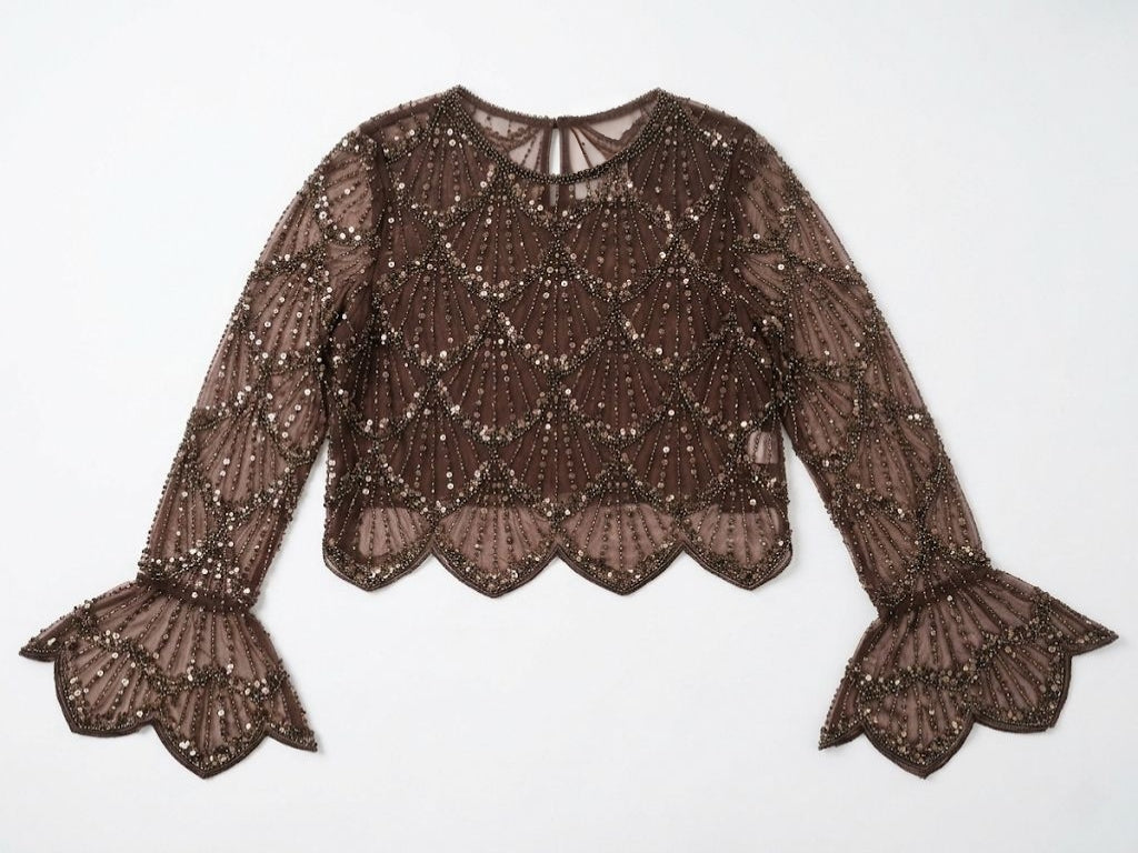 Glitter Mesh Crop Top met Pailletten – Elegante Feestelijke Top met Lange Mouwen