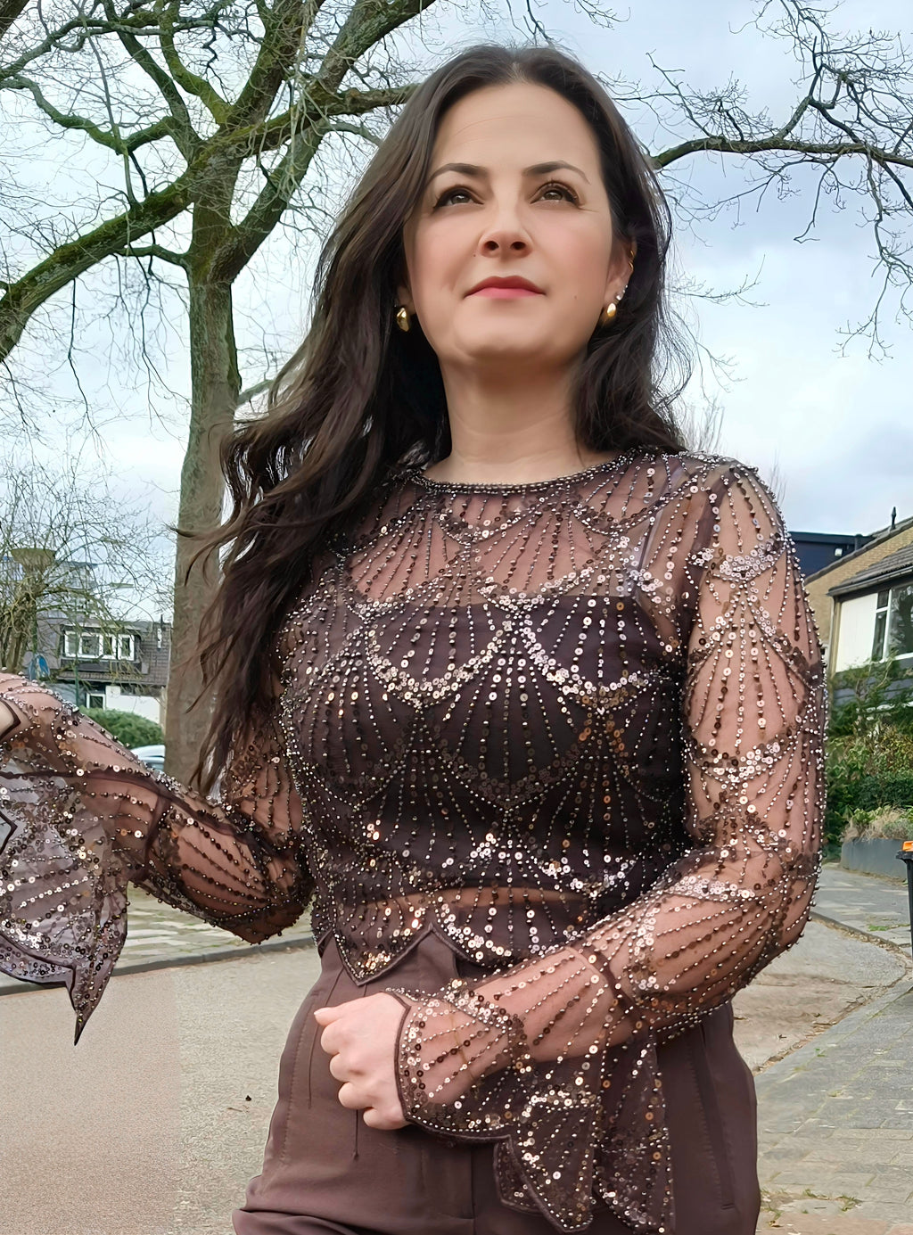 Glitter Mesh Crop Top met Pailletten – Elegante Feestelijke Top met Lange Mouwen